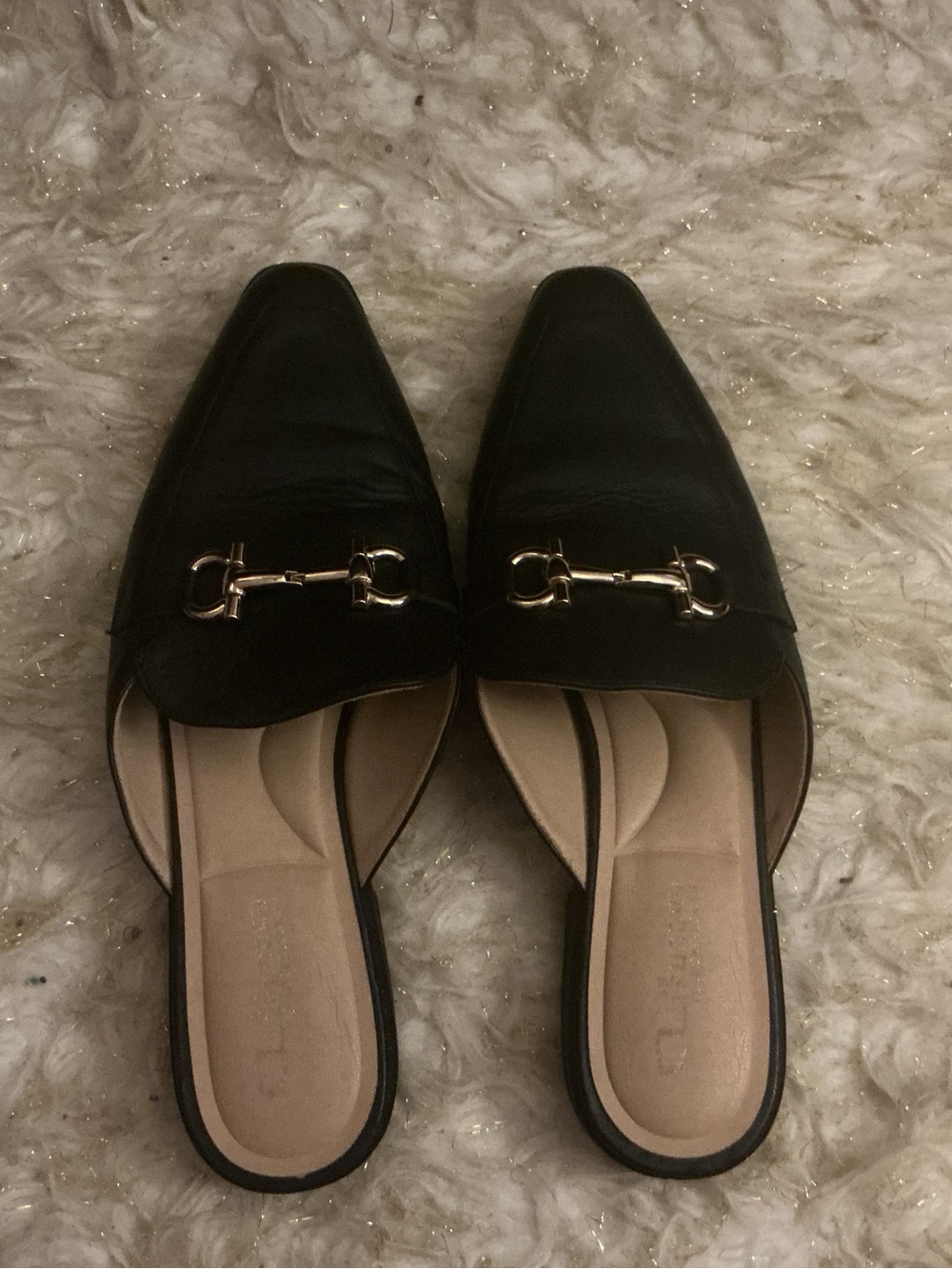 CL by Laundry Black Leather Backless Mules with Gold Horsebit